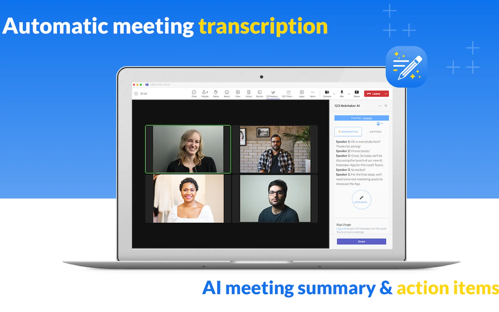 123 Notetaker AI — screenshot from the Microsoft Marketplace listing