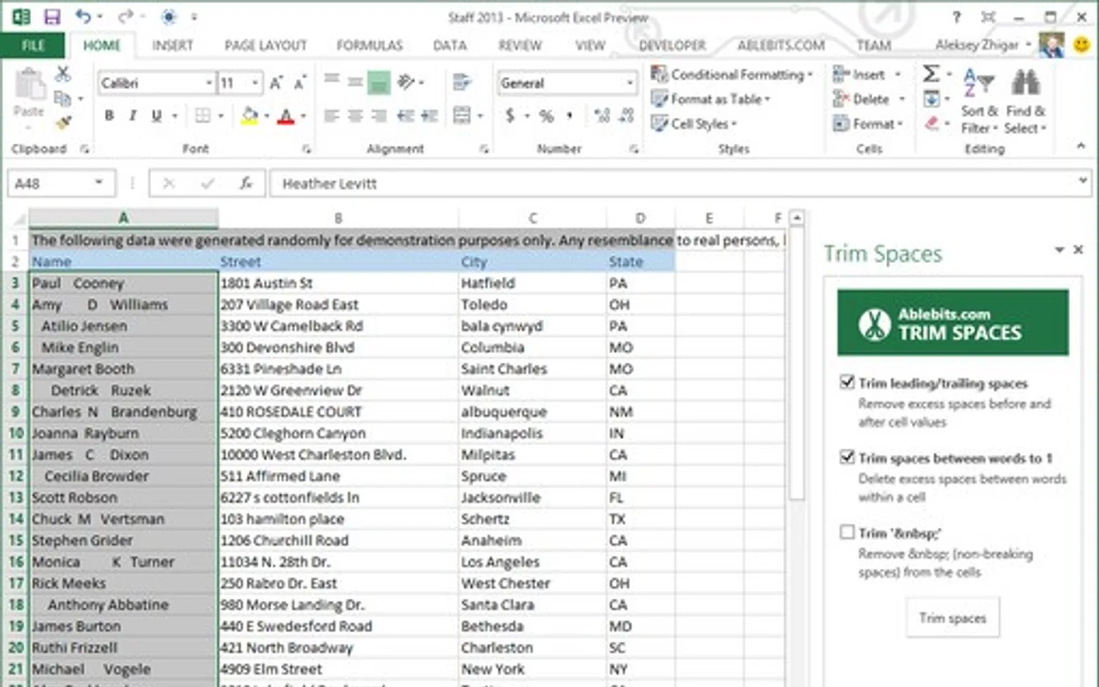 Ablebits.com Trim Spaces for Excel — screenshot from the Microsoft Marketplace listing