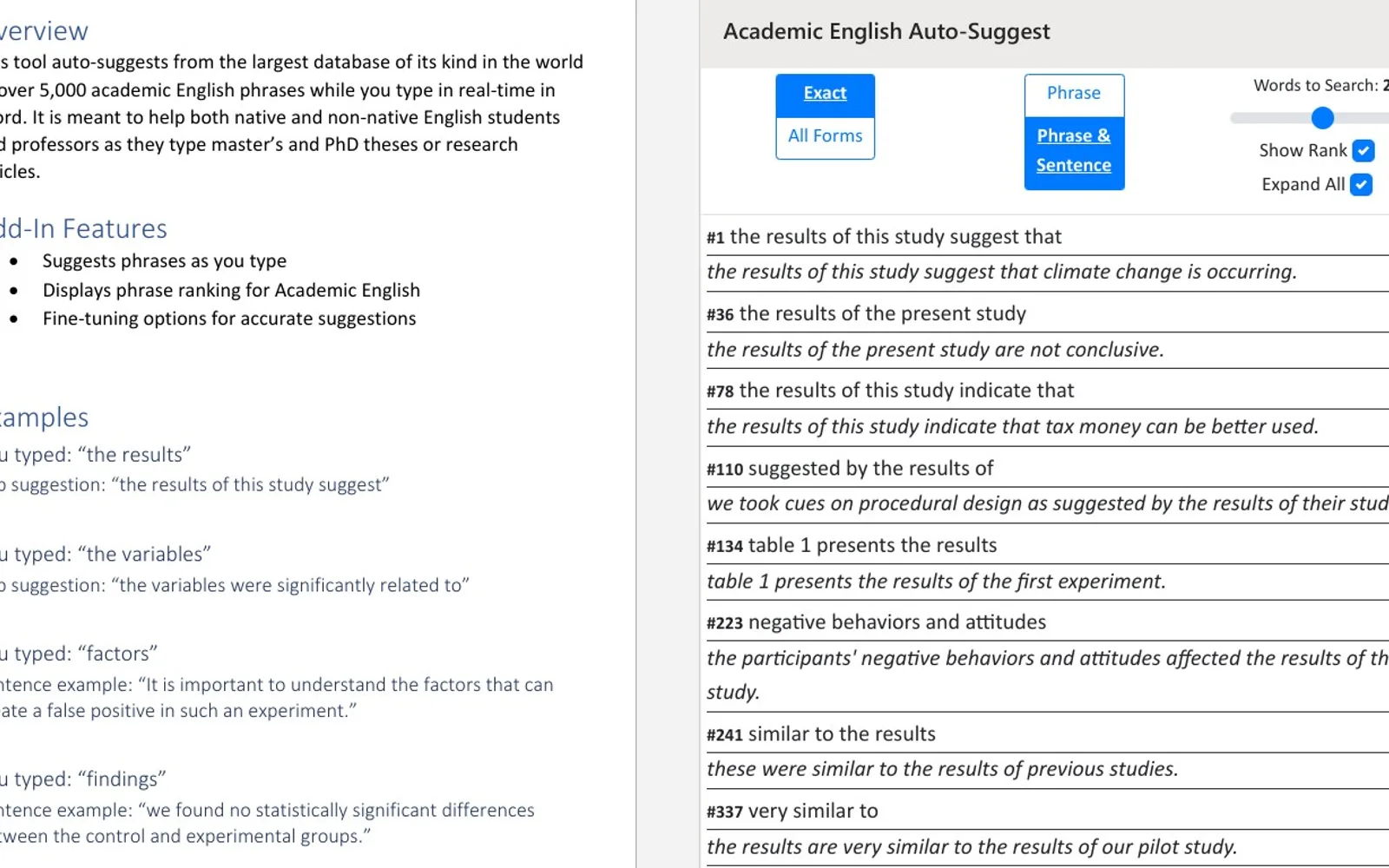 Academic English Auto-Suggest — screenshot from the Microsoft Marketplace listing