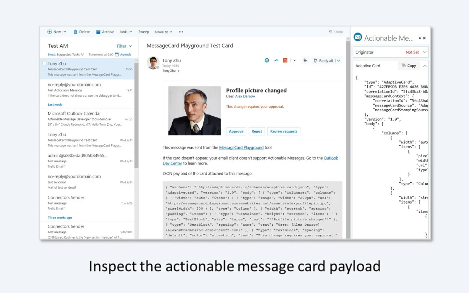 Actionable Messages Debugger for Outlook — screenshot from the Microsoft Marketplace listing