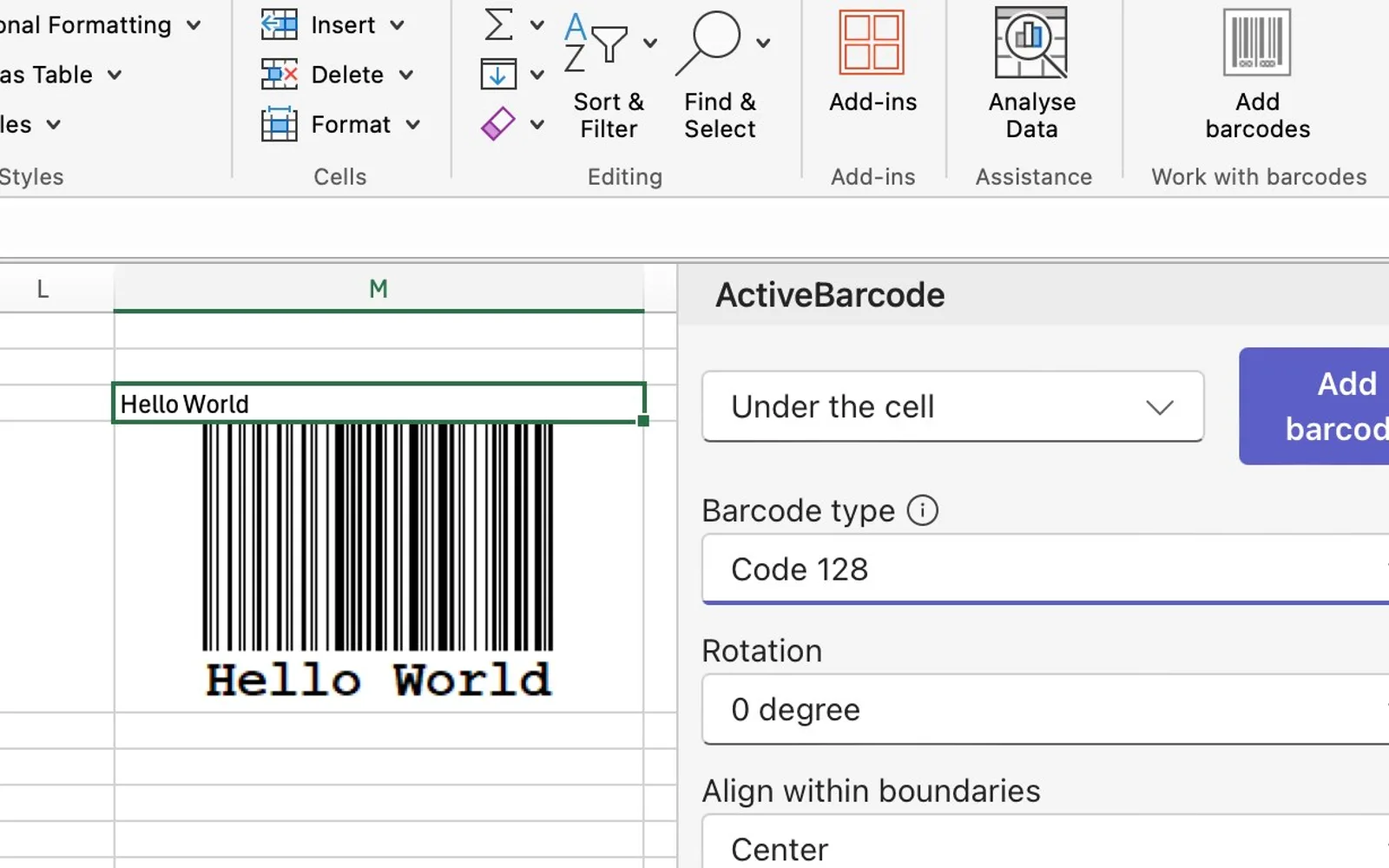 ActiveBarcode for Excel — screenshot from the Microsoft Marketplace listing