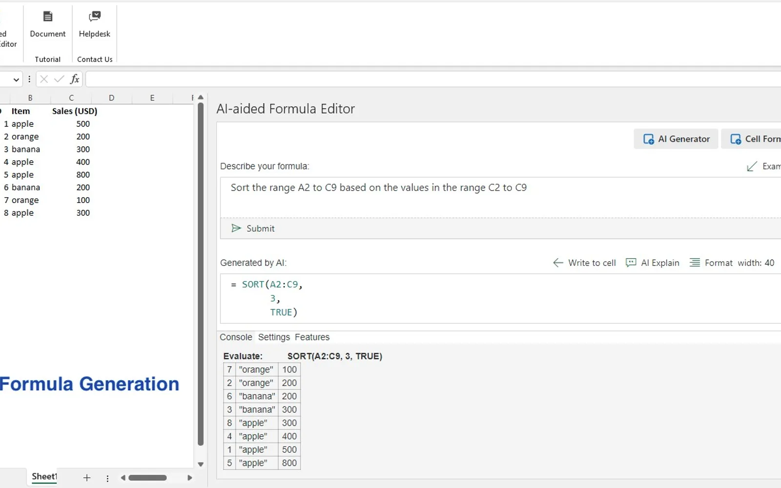 AI-aided Formula Editor — screenshot from the Microsoft Marketplace listing