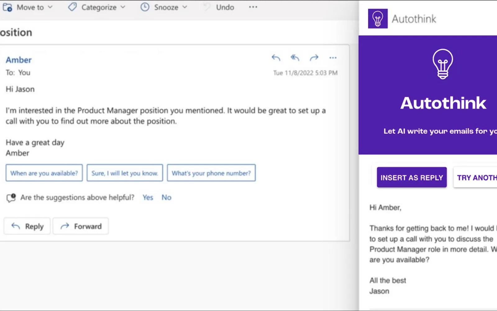 AI Email Reply Writer — screenshot from the Microsoft Marketplace listing