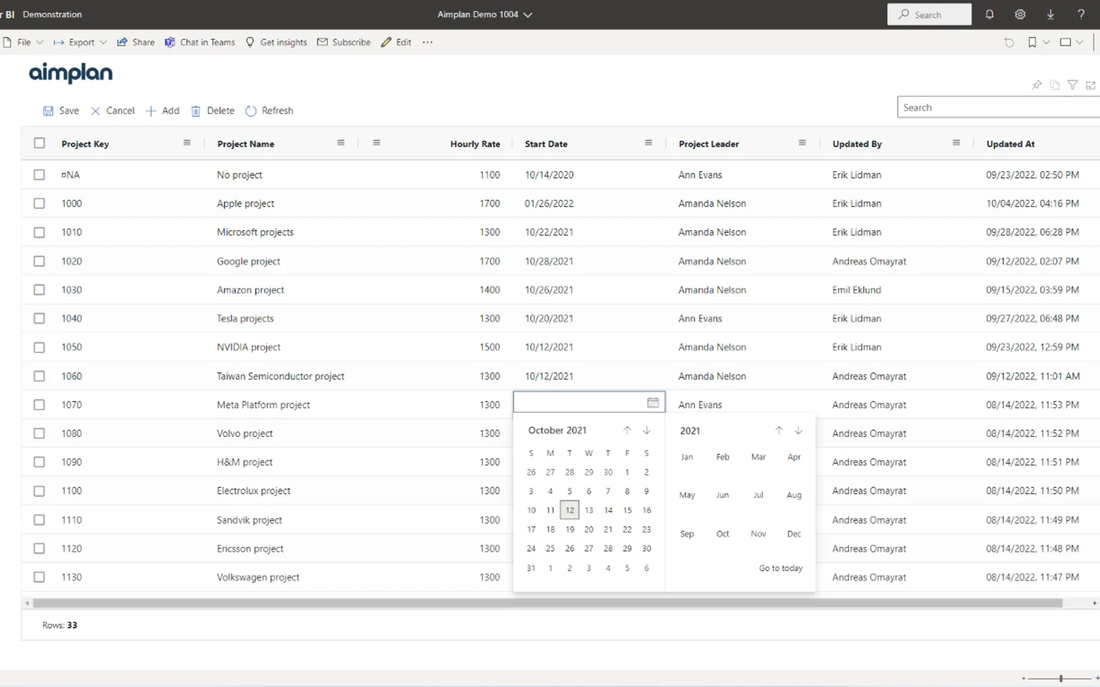 Aimplan Data Input Table — screenshot from the Microsoft Marketplace listing
