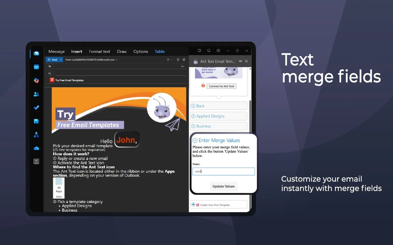 Ant Text Email Templates for Outlook — screenshot from the Microsoft Marketplace listing