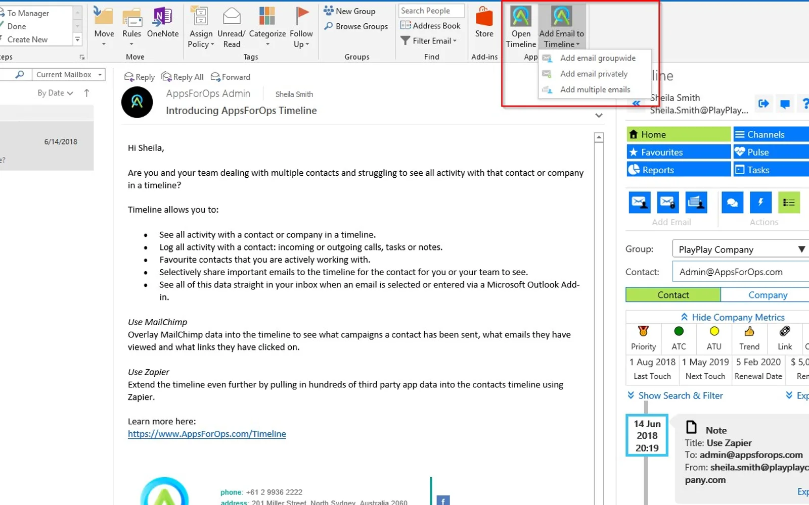 AppsForOps Timeline — screenshot from the Microsoft Marketplace listing