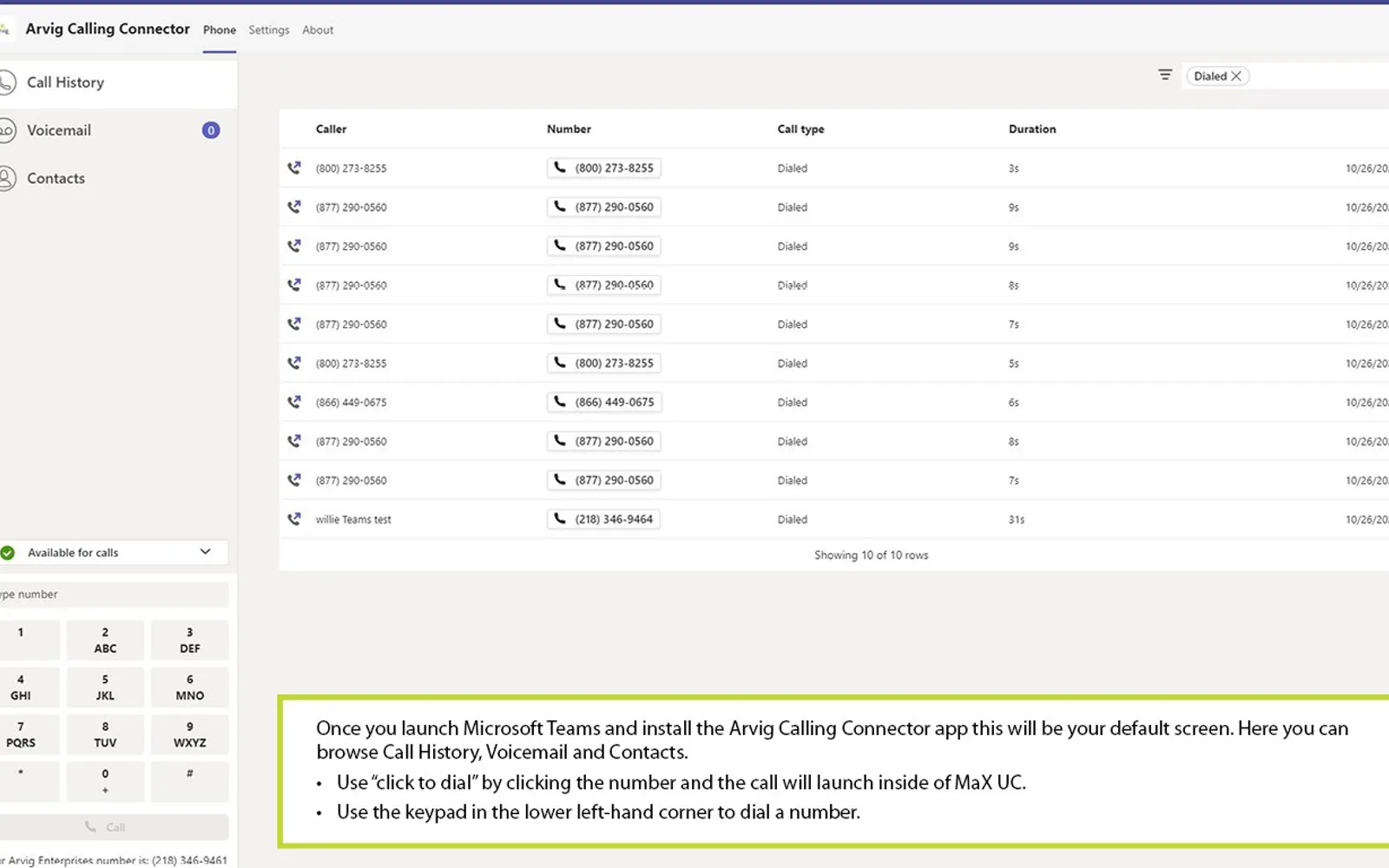 Arvig Calling Connector — screenshot from the Microsoft Marketplace listing
