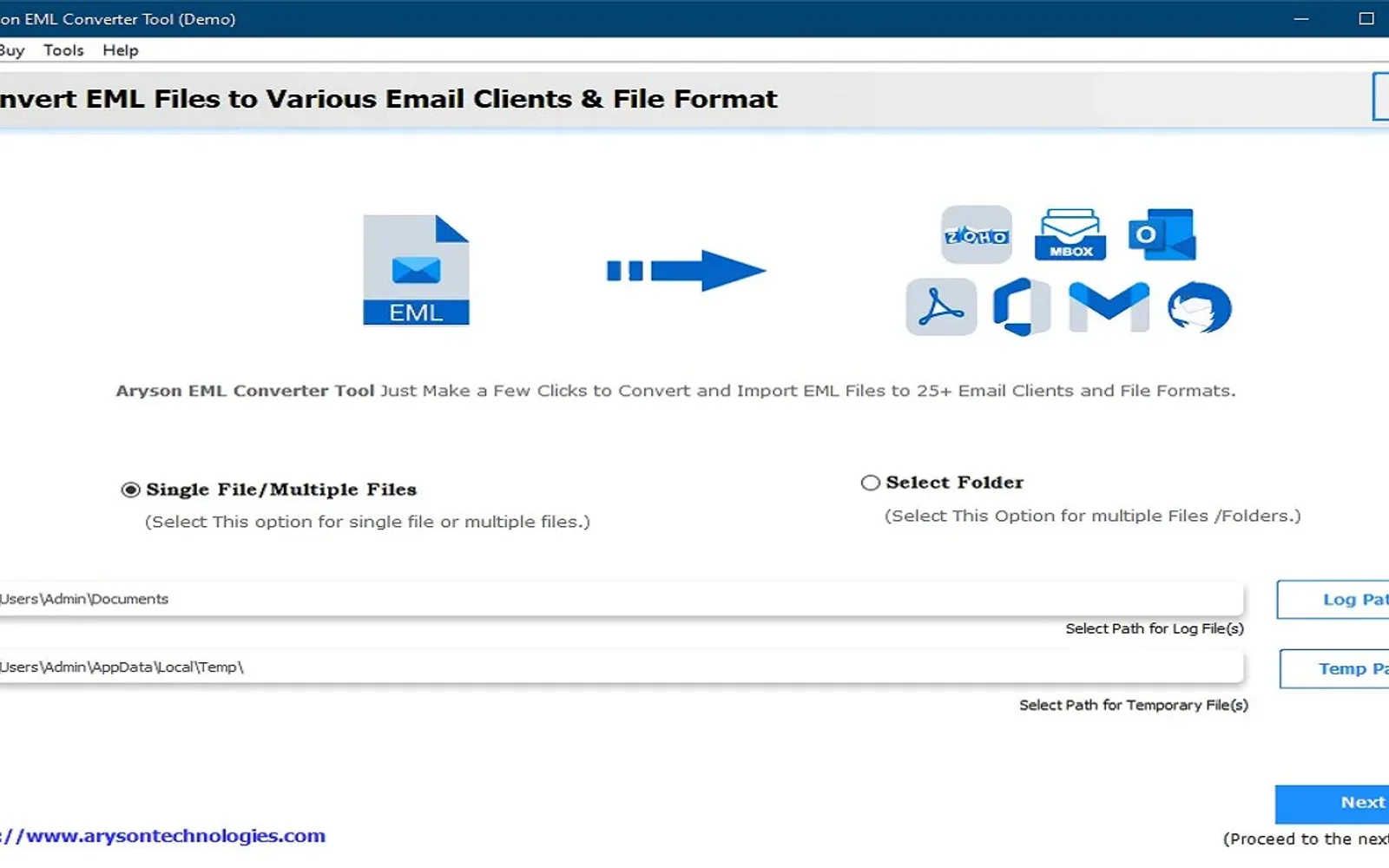 Aryson EML Converter Tool — screenshot from the Microsoft Marketplace listing