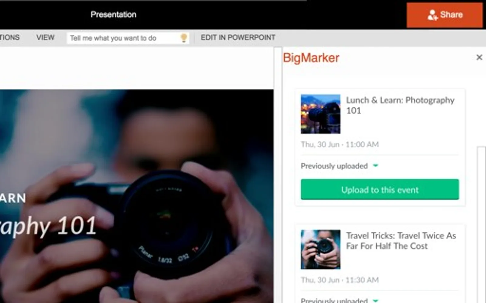 BigMarker PowerPoint Uploader — screenshot from the Microsoft Marketplace listing