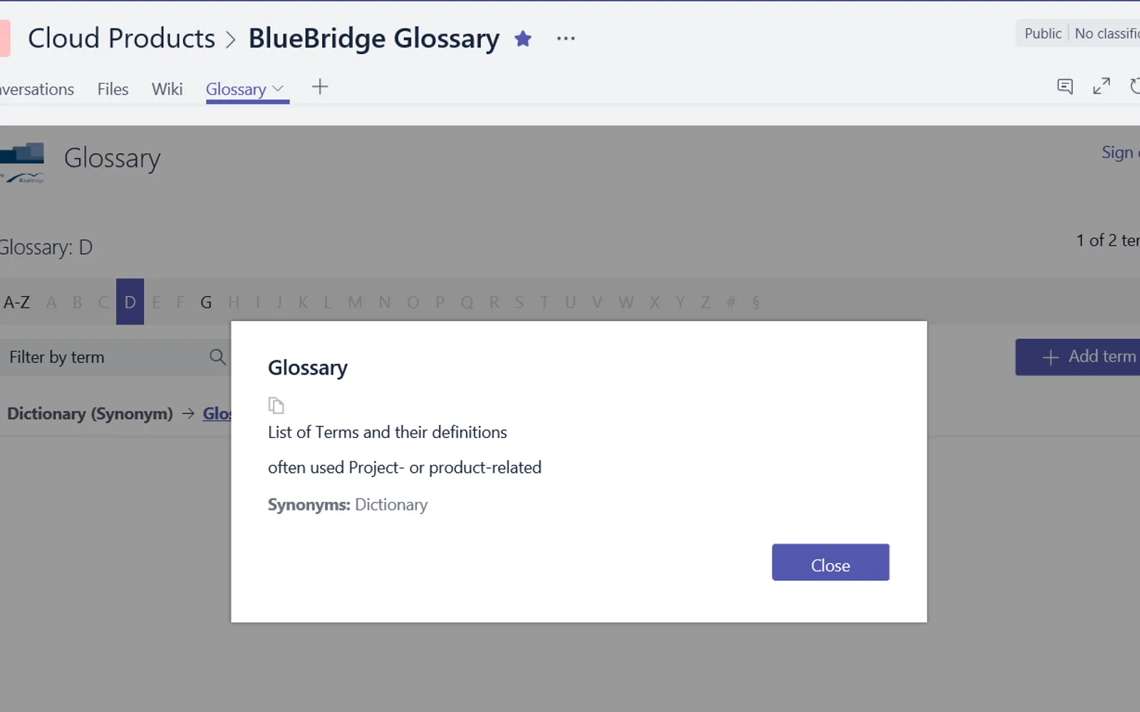 BlueBridge Glossary — screenshot from the Microsoft Marketplace listing