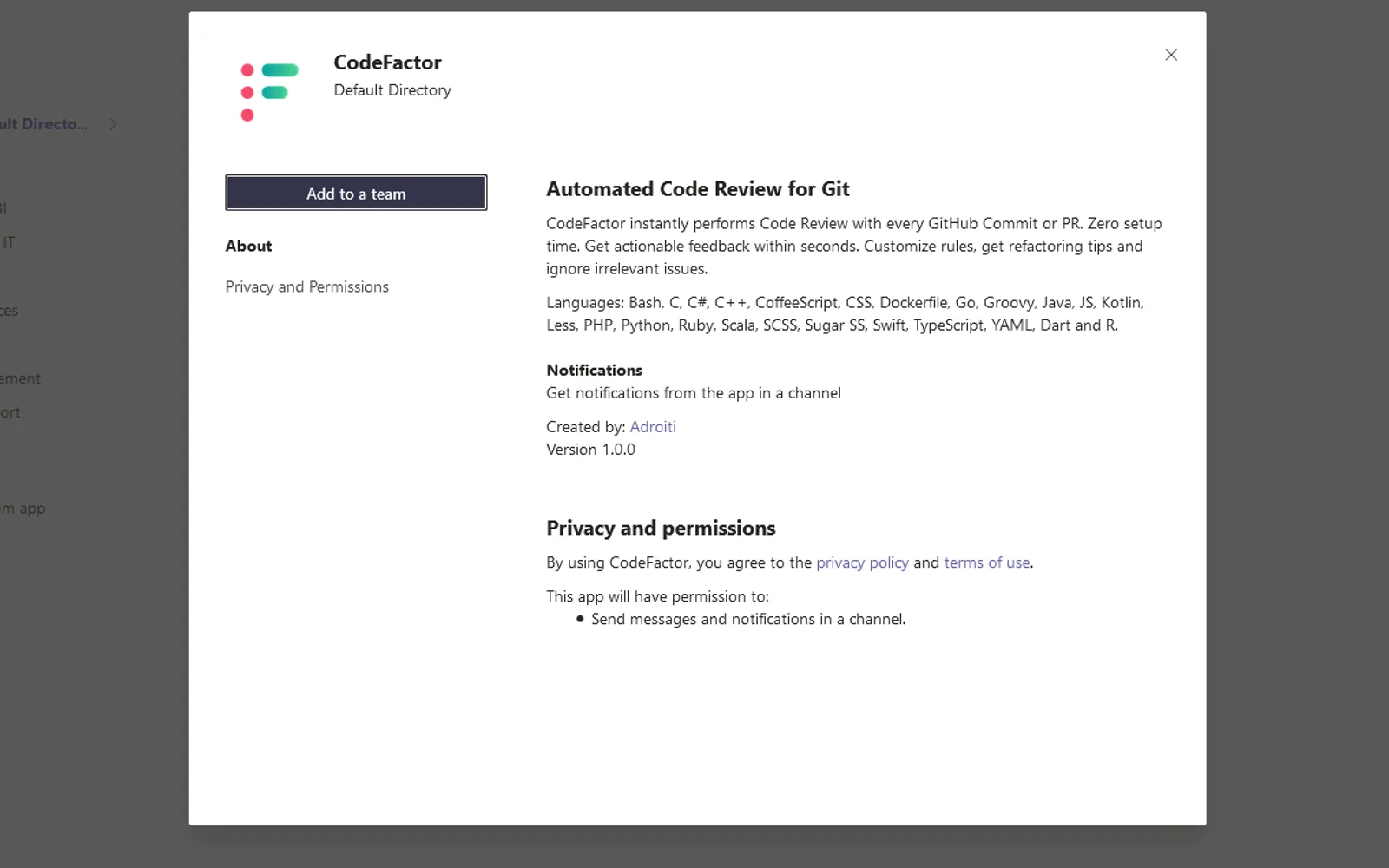 CodeFactor — screenshot from the Microsoft Marketplace listing