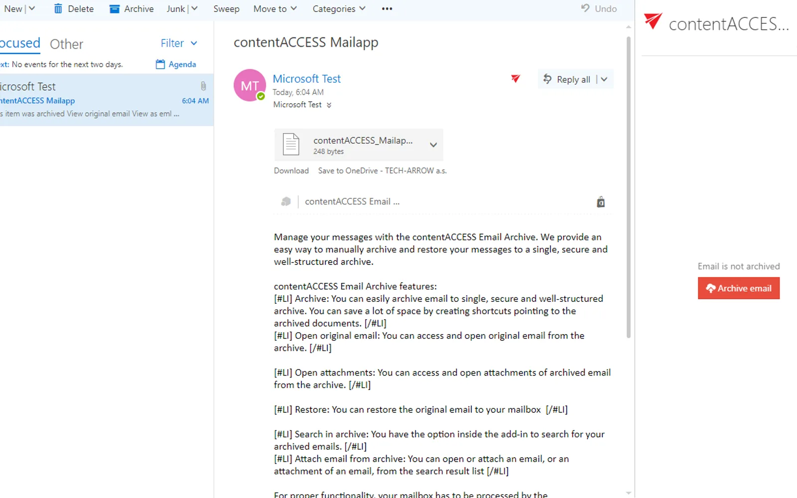 contentACCESS Email Archive — screenshot from the Microsoft Marketplace listing