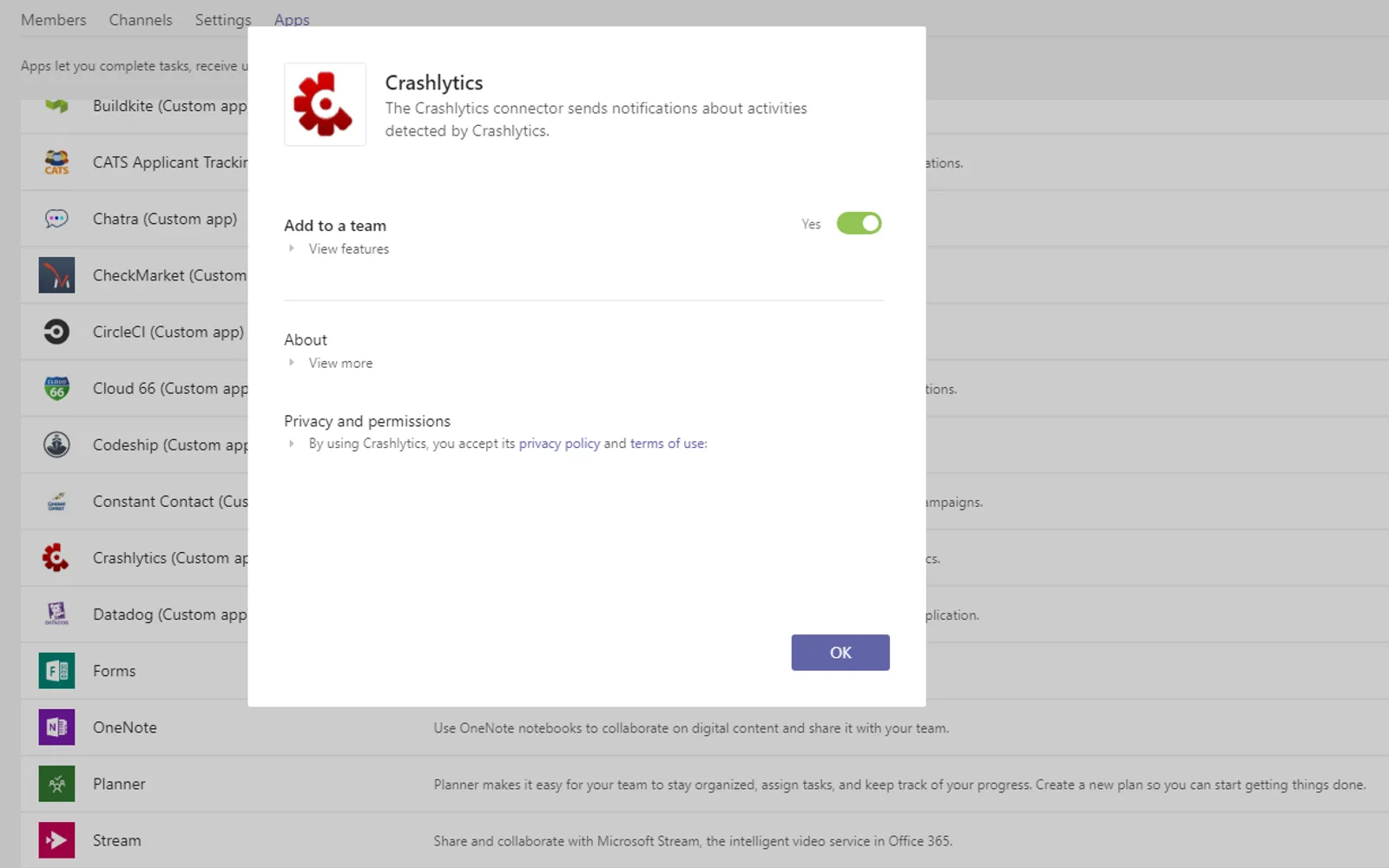 Crashlytics — screenshot from the Microsoft Marketplace listing