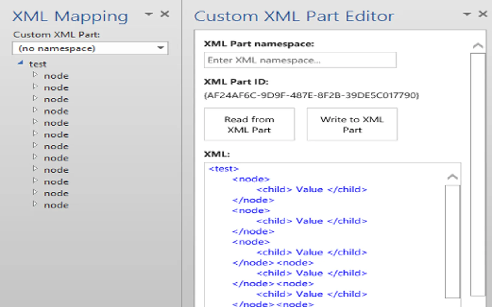 Custom XML Part Editor — screenshot from the Microsoft Marketplace listing