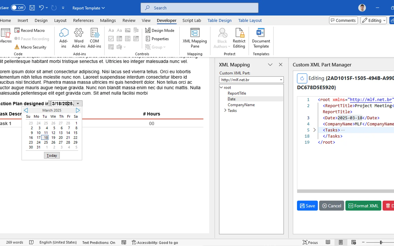 Custom XML Part Manager — screenshot from the Microsoft Marketplace listing