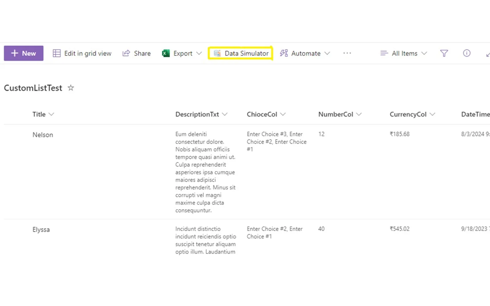 Data Simulator — screenshot from the Microsoft Marketplace listing