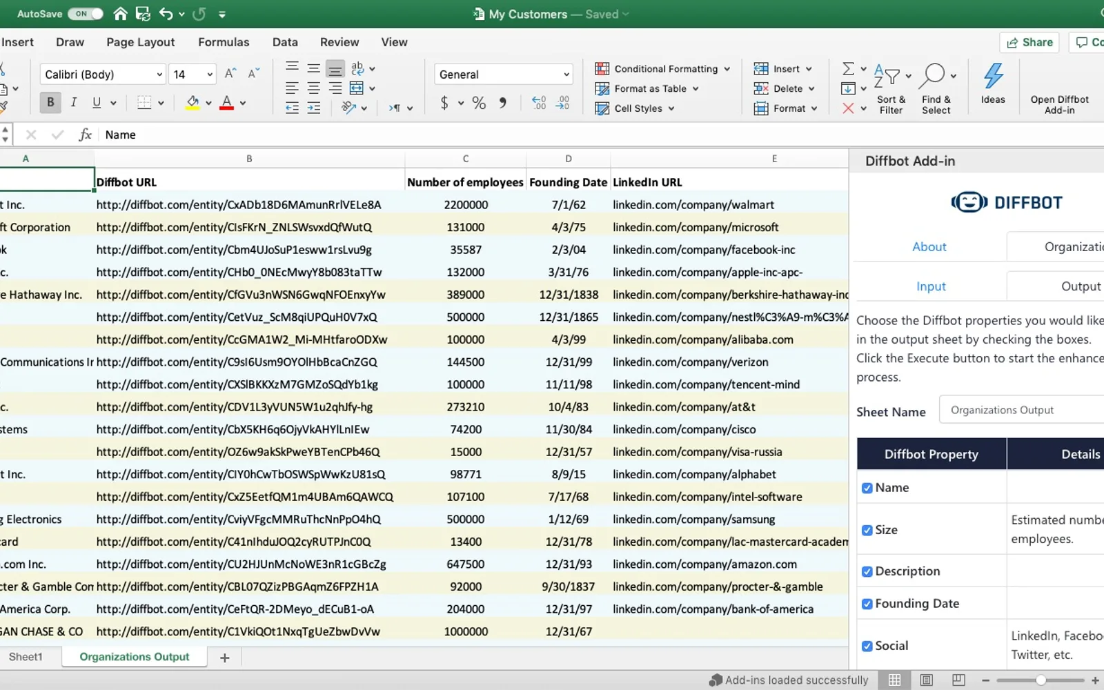 Diffbot Add-In — screenshot from the Microsoft Marketplace listing