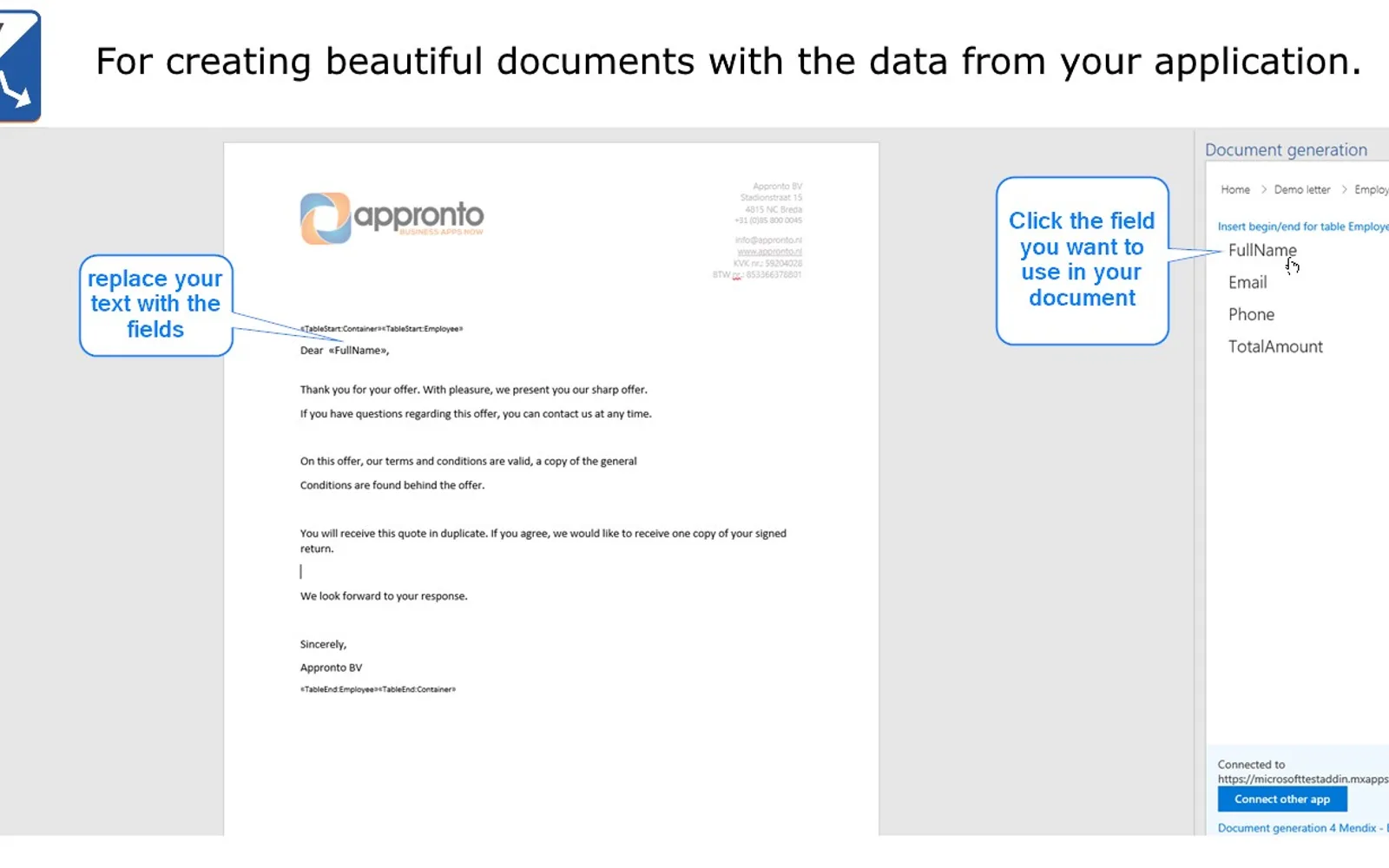 Document generation for Mendix — screenshot from the Microsoft Marketplace listing