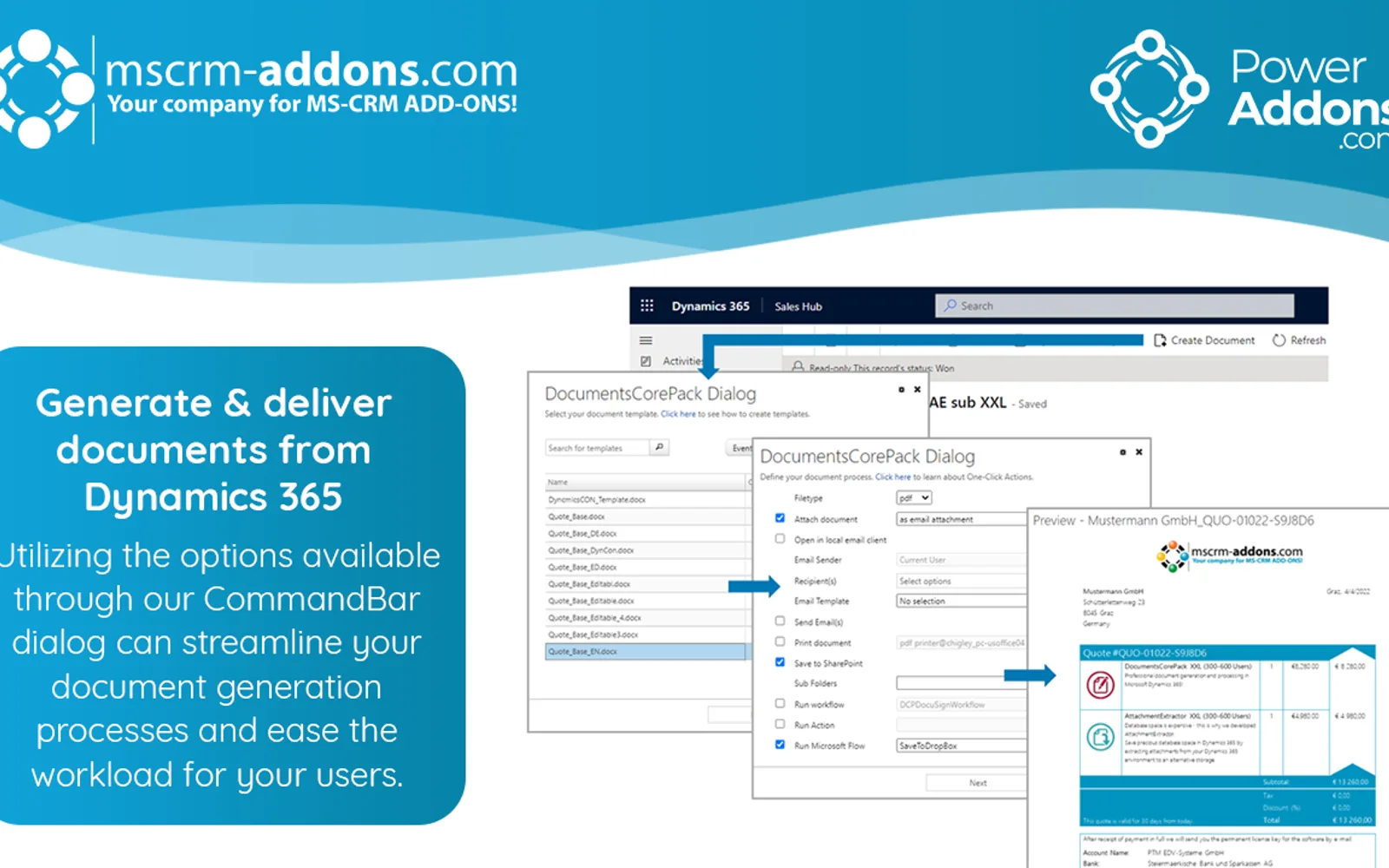 DocumentsCorePack, professional document generation and automation — screenshot from the Microsoft Marketplace listing