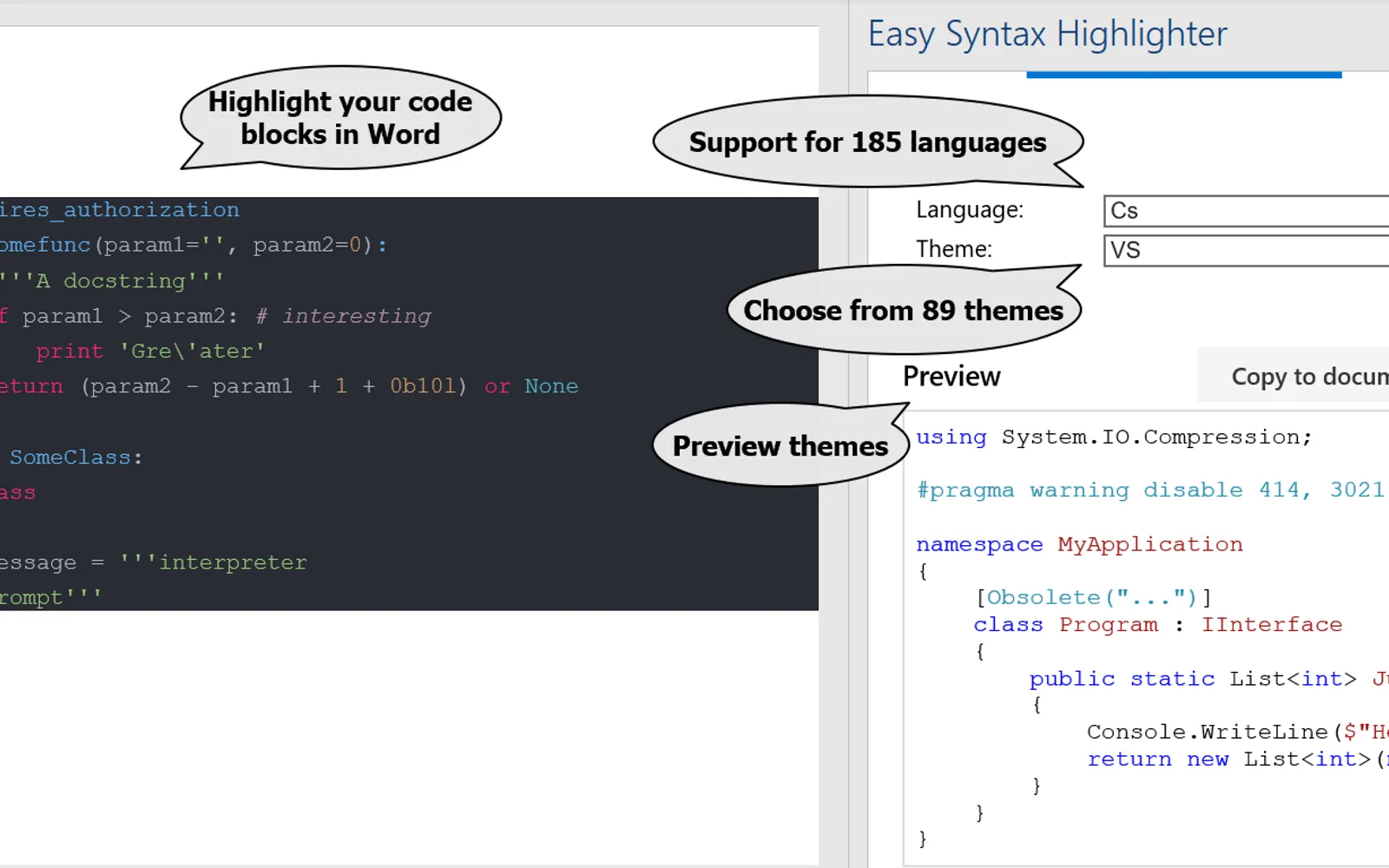 Easy Syntax Highlighter — screenshot from the Microsoft Marketplace listing