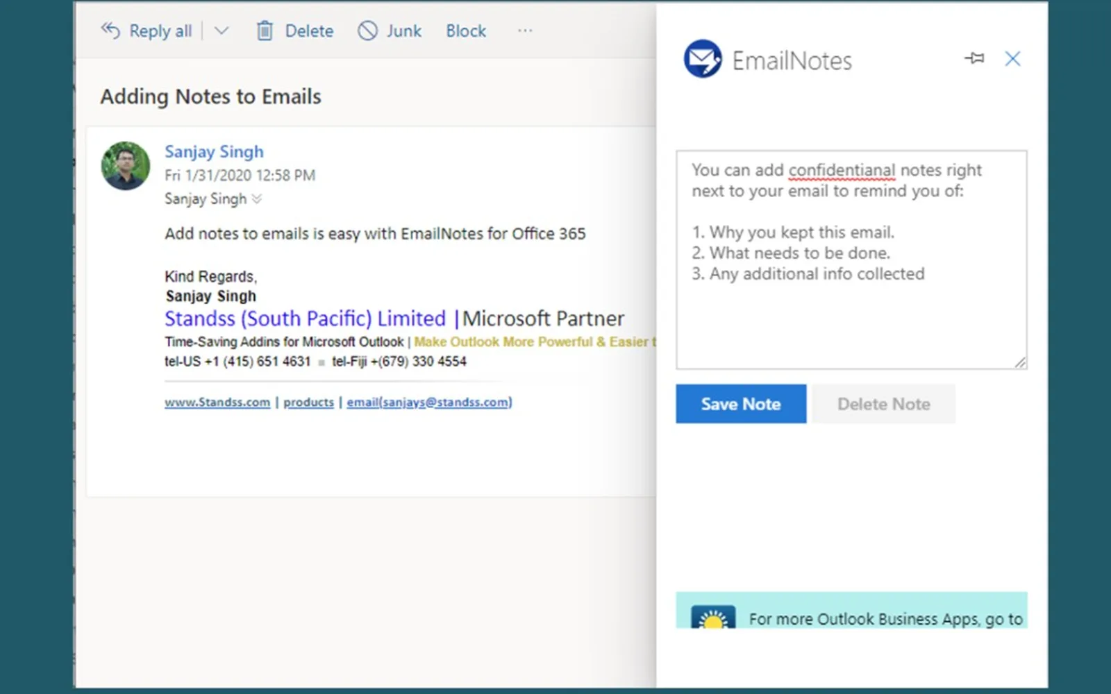 EmailNotes for Outlook — screenshot from the Microsoft Marketplace listing