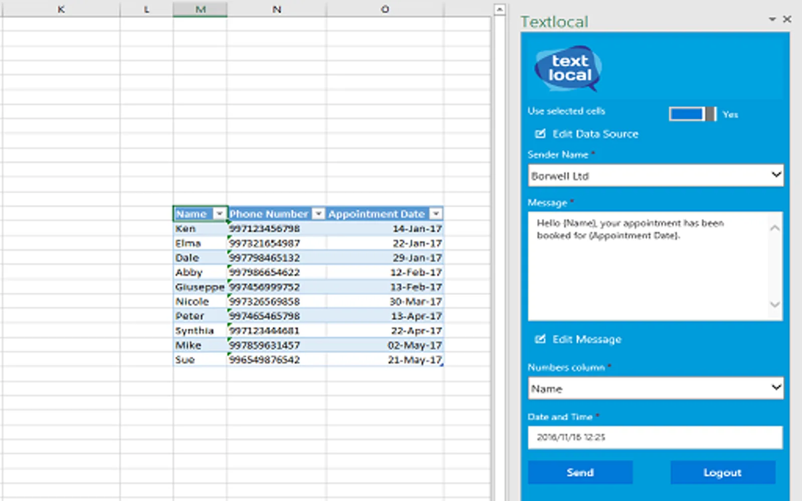 Excel to SMS — screenshot from the Microsoft Marketplace listing