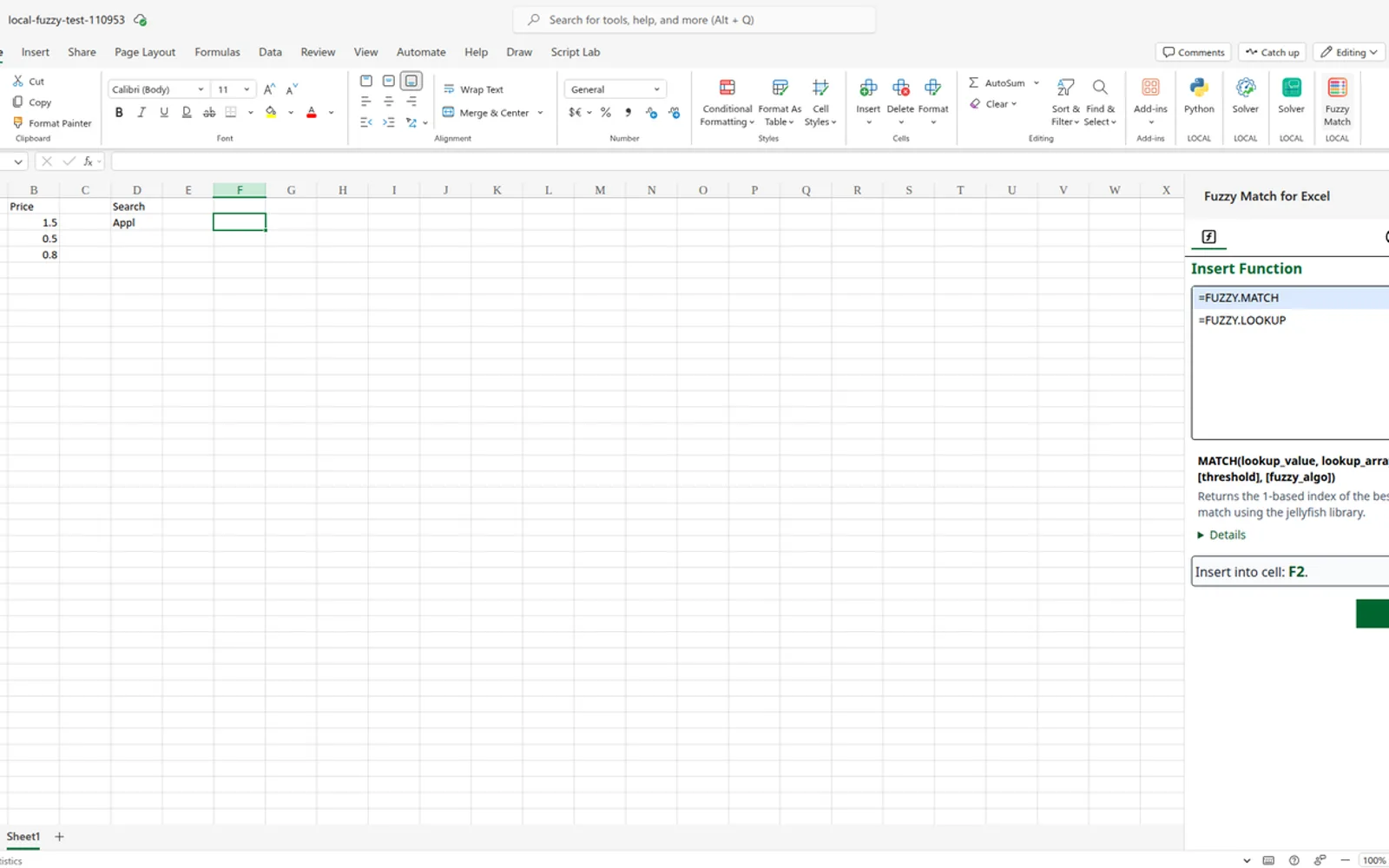 Fuzzy Match for Excel — screenshot from the Microsoft Marketplace listing
