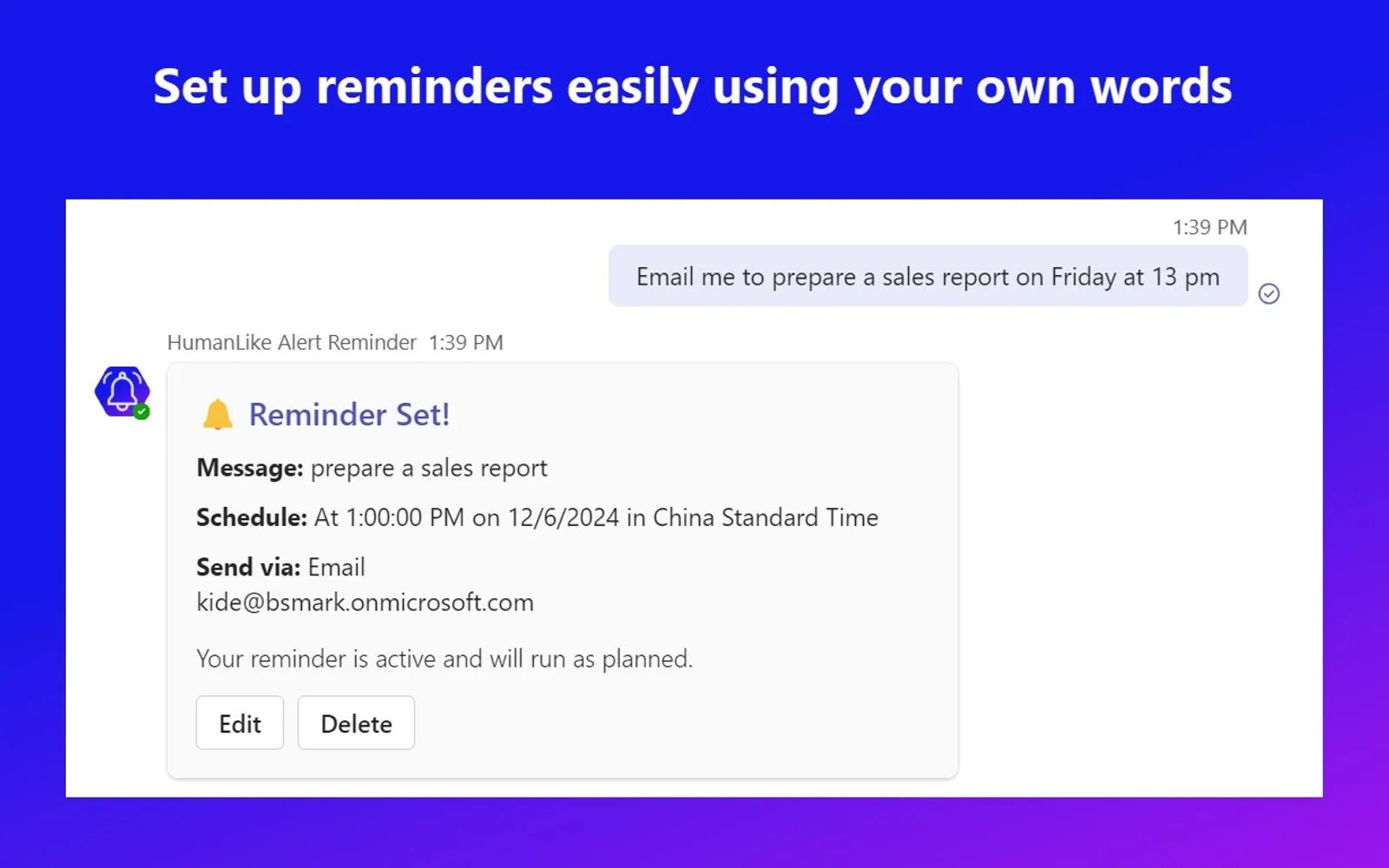 HumanLike Alert Reminder — screenshot from the Microsoft Marketplace listing