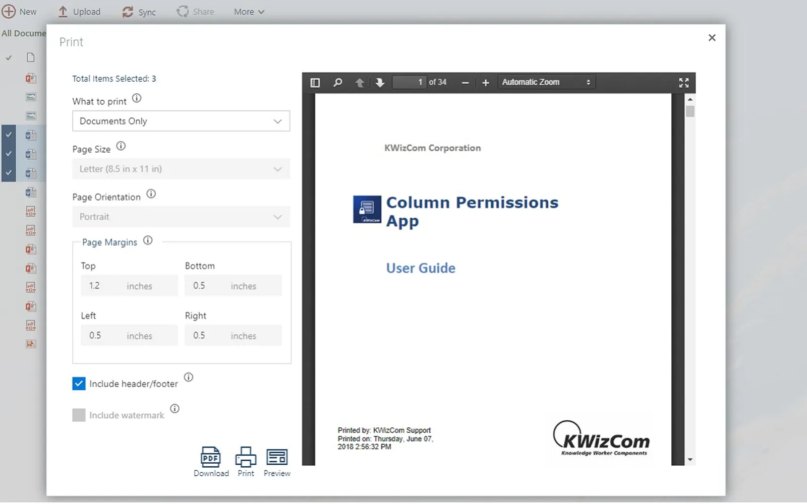 KWizCom Print — screenshot from the Microsoft Marketplace listing
