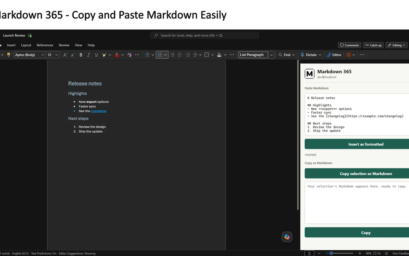 Markdown 365 — screenshot from the Microsoft Marketplace listing