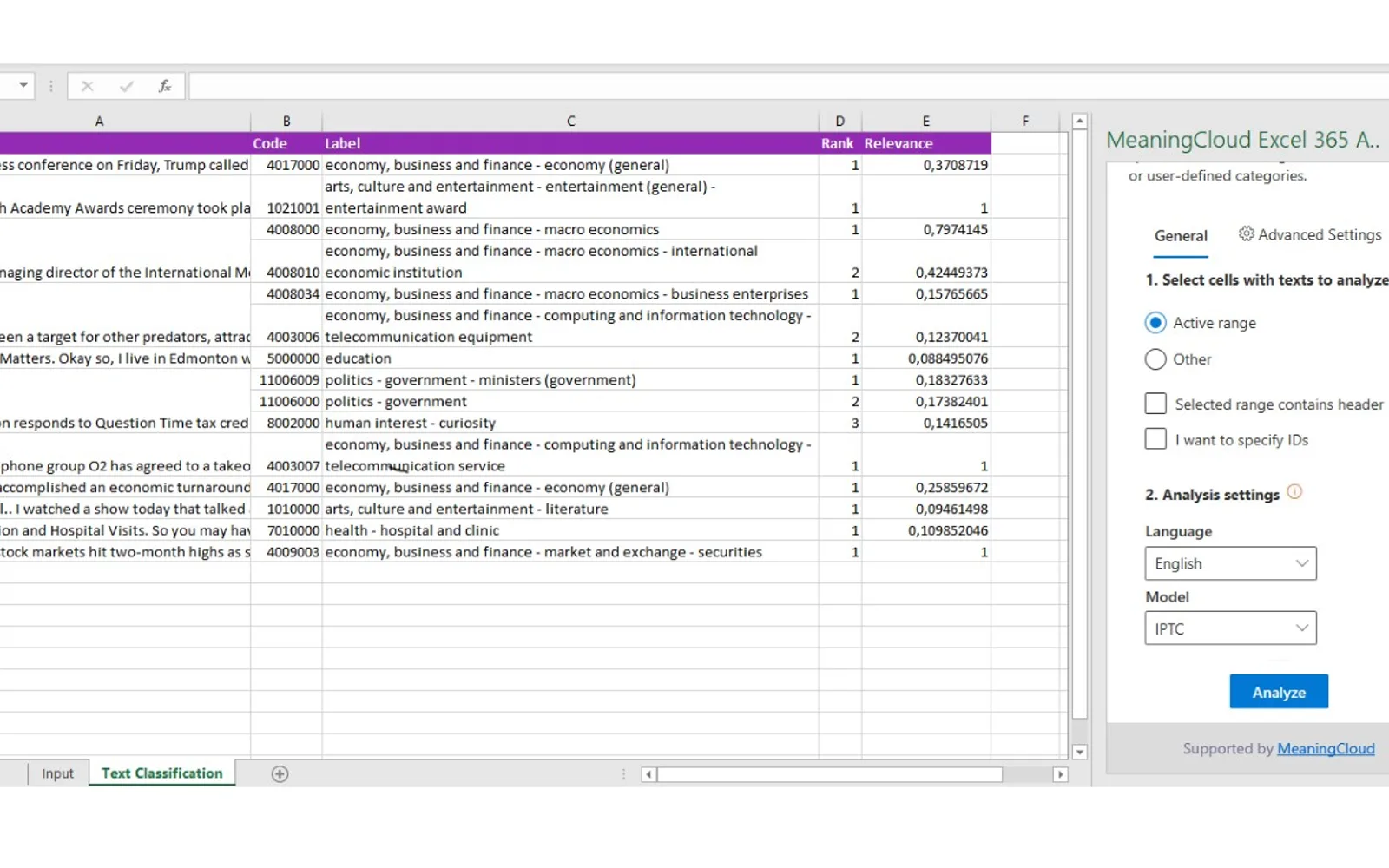 MeaningCloud Text Analytics for Excel — screenshot from the Microsoft Marketplace listing