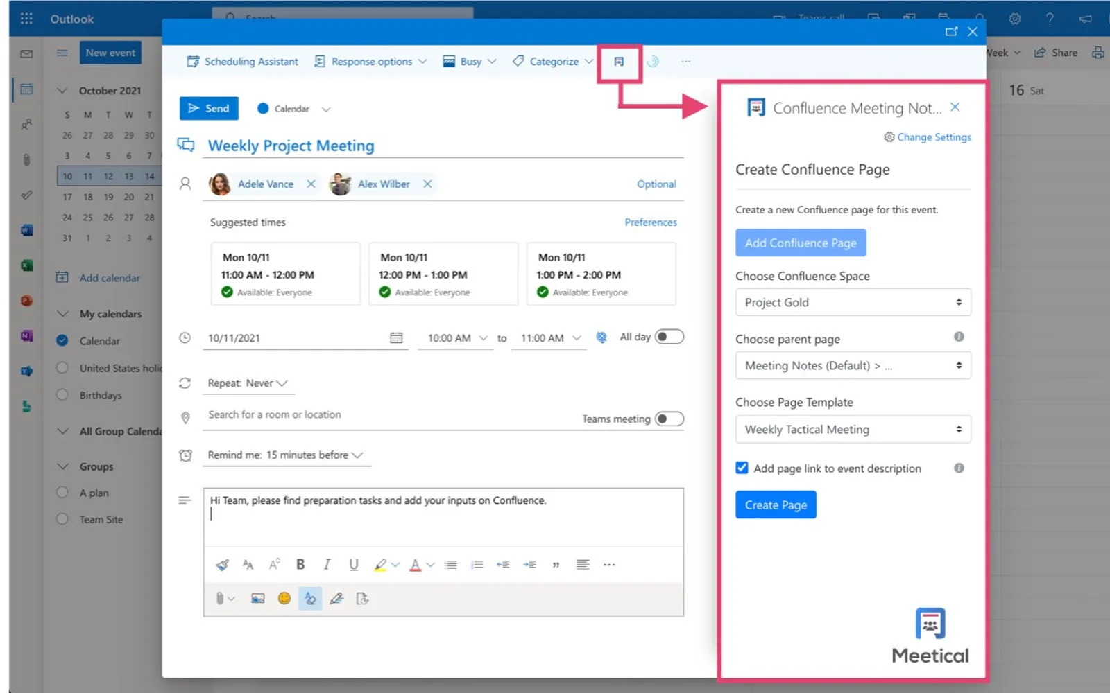 Meetical for Confluence — screenshot from the Microsoft Marketplace listing