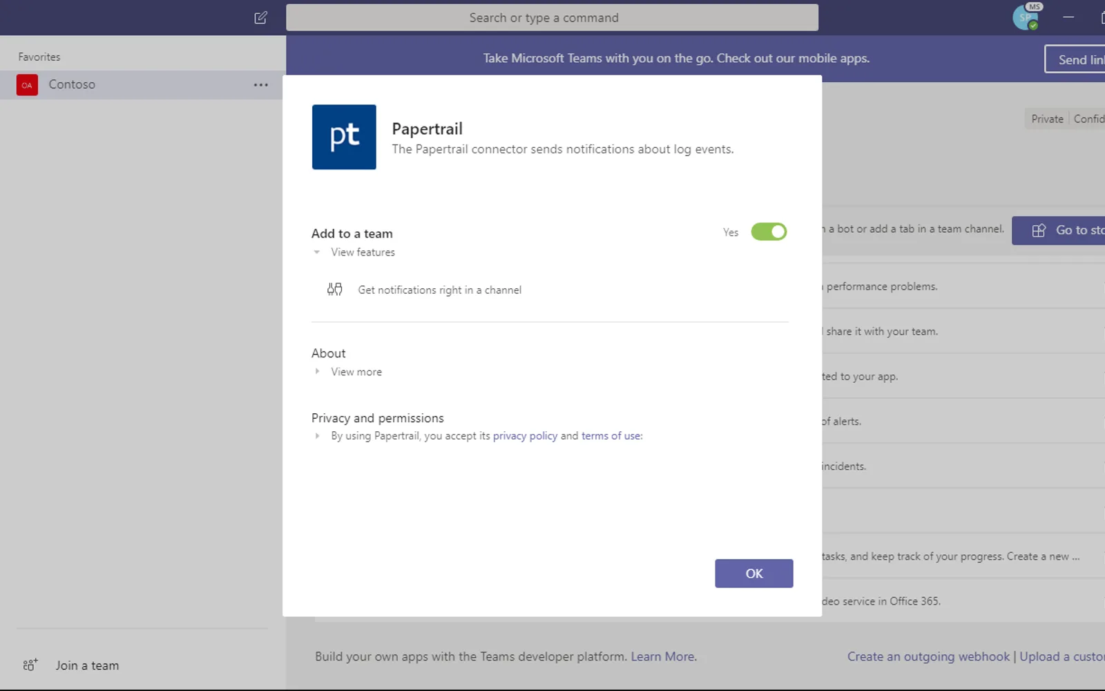 Papertrail — screenshot from the Microsoft Marketplace listing