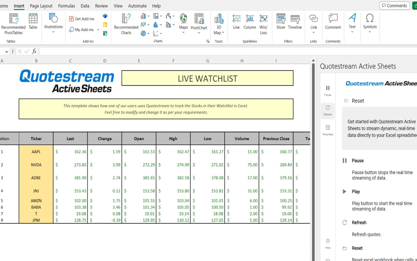 Quotestream Active Sheets — screenshot from the Microsoft Marketplace listing