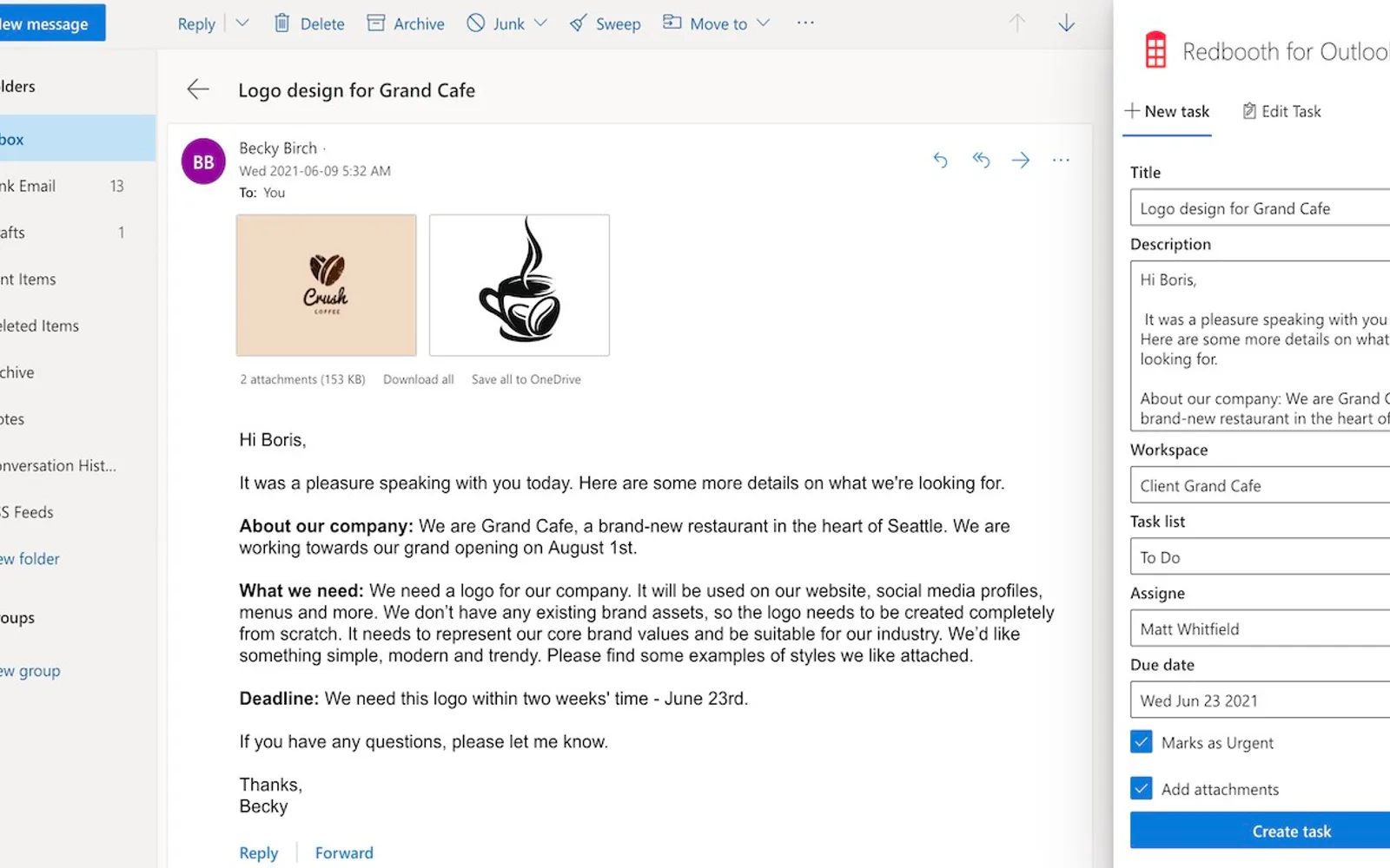 Redbooth for Outlook — screenshot from the Microsoft Marketplace listing