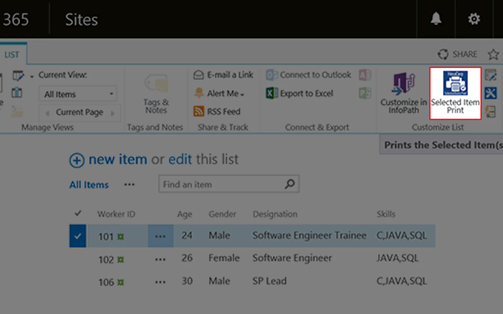 SelectedItemPrint — screenshot from the Microsoft Marketplace listing