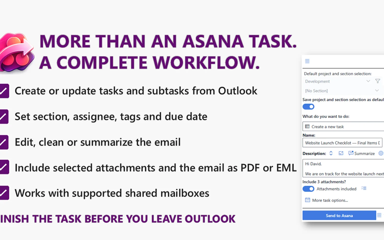 Send to Asana — screenshot from the Microsoft Marketplace listing