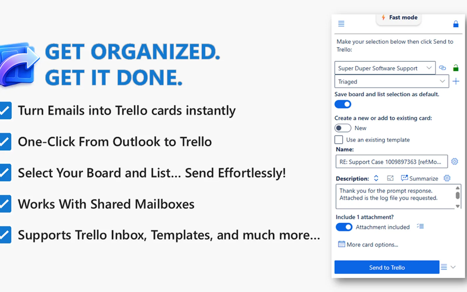 Send to Trello — screenshot from the Microsoft Marketplace listing