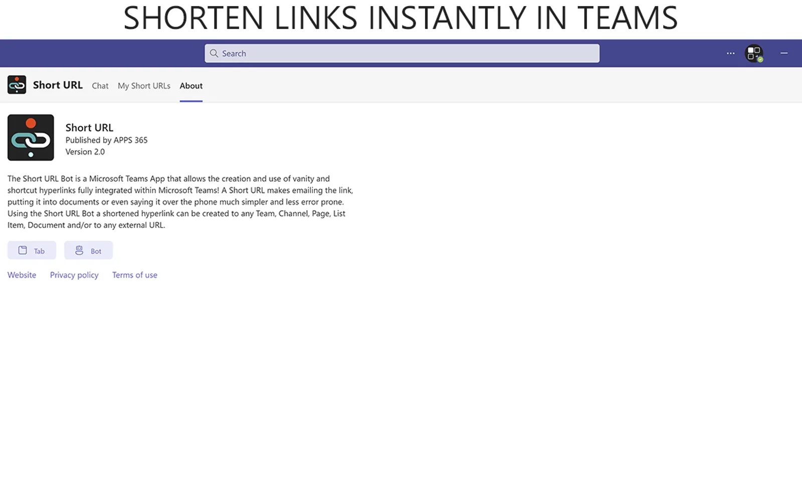 Short URL — screenshot from the Microsoft Marketplace listing