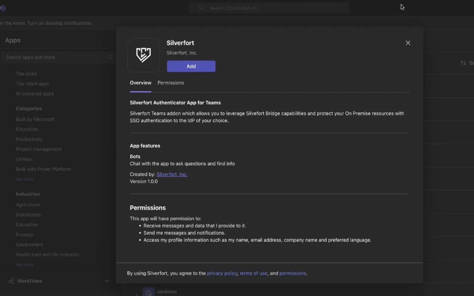 Silverfort Authenticator — screenshot from the Microsoft Marketplace listing