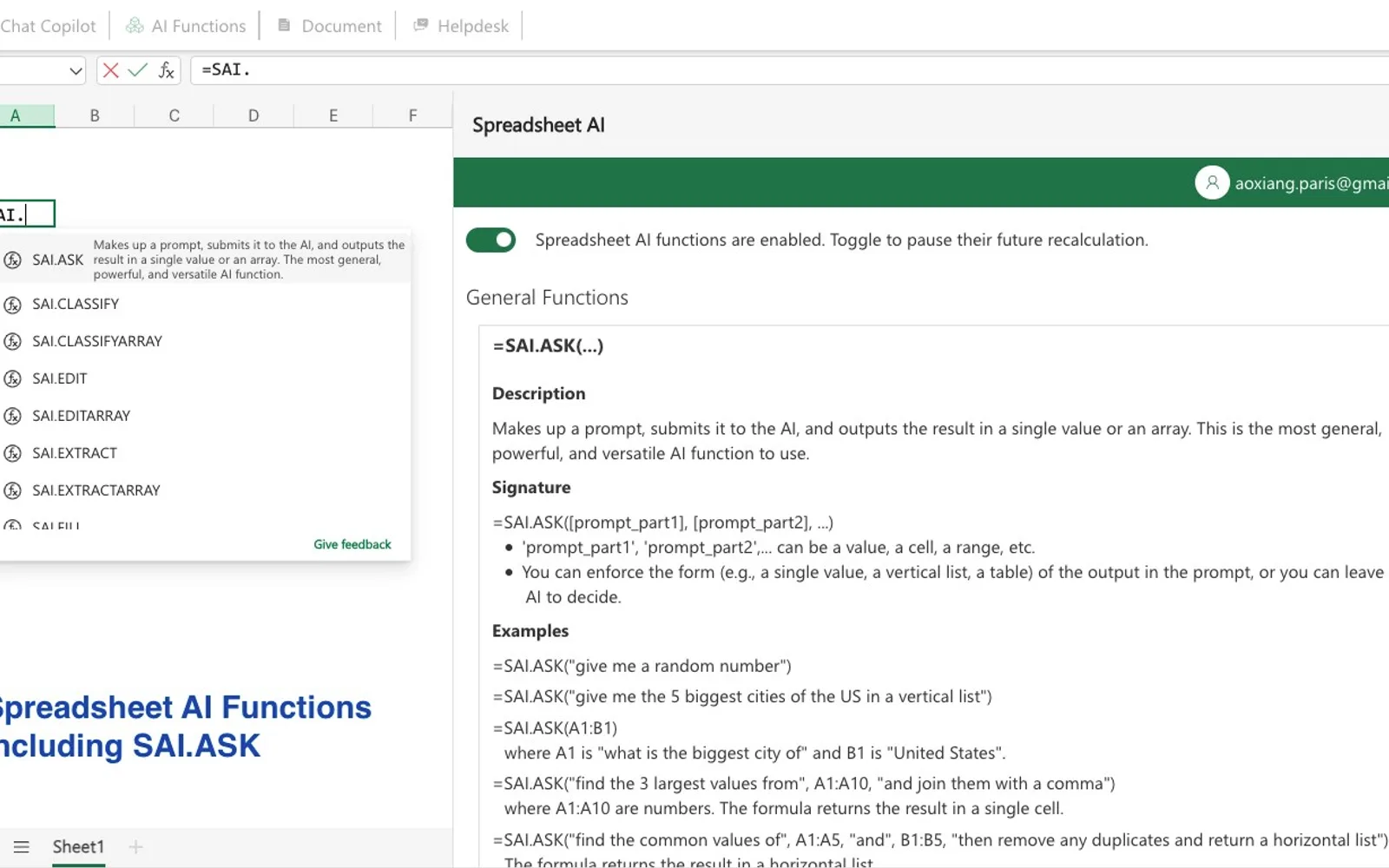 Spreadsheet AI — screenshot from the Microsoft Marketplace listing