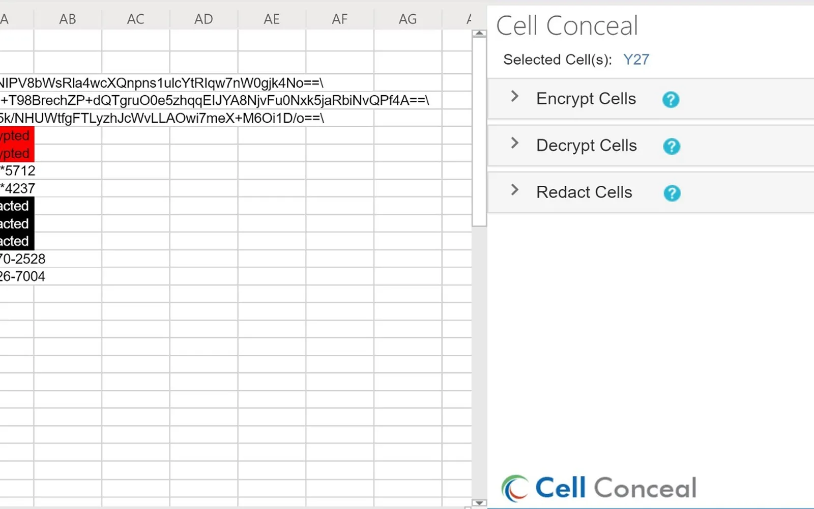 Spreadsheet Cell Conceal — screenshot from the Microsoft Marketplace listing