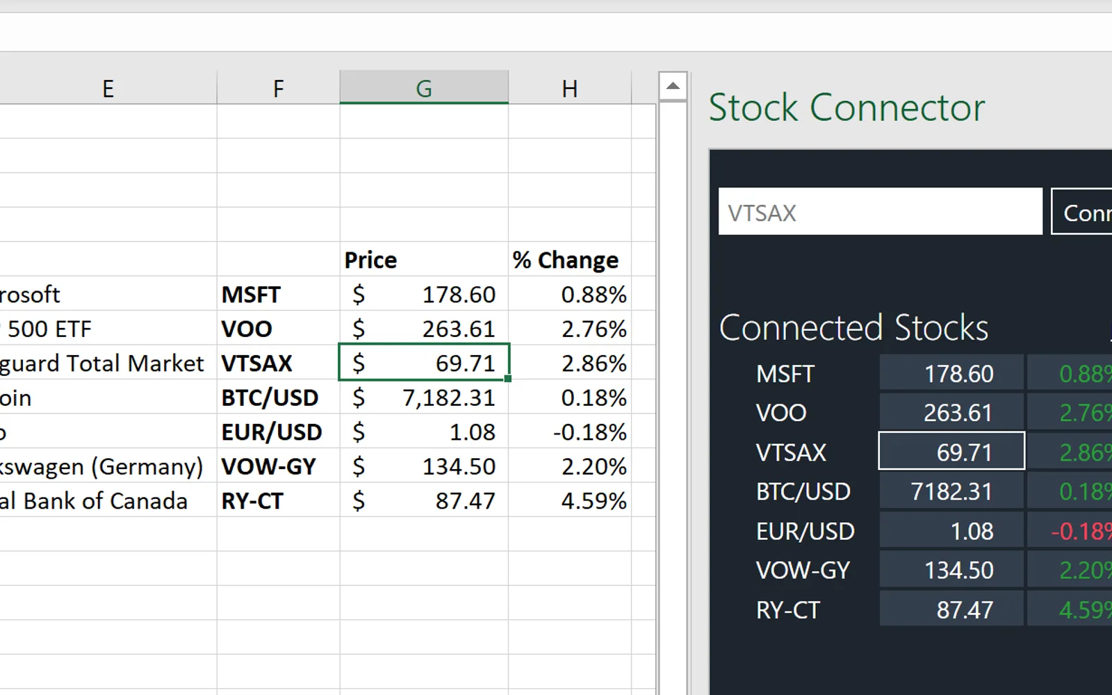 Stock Connector — screenshot from the Microsoft Marketplace listing