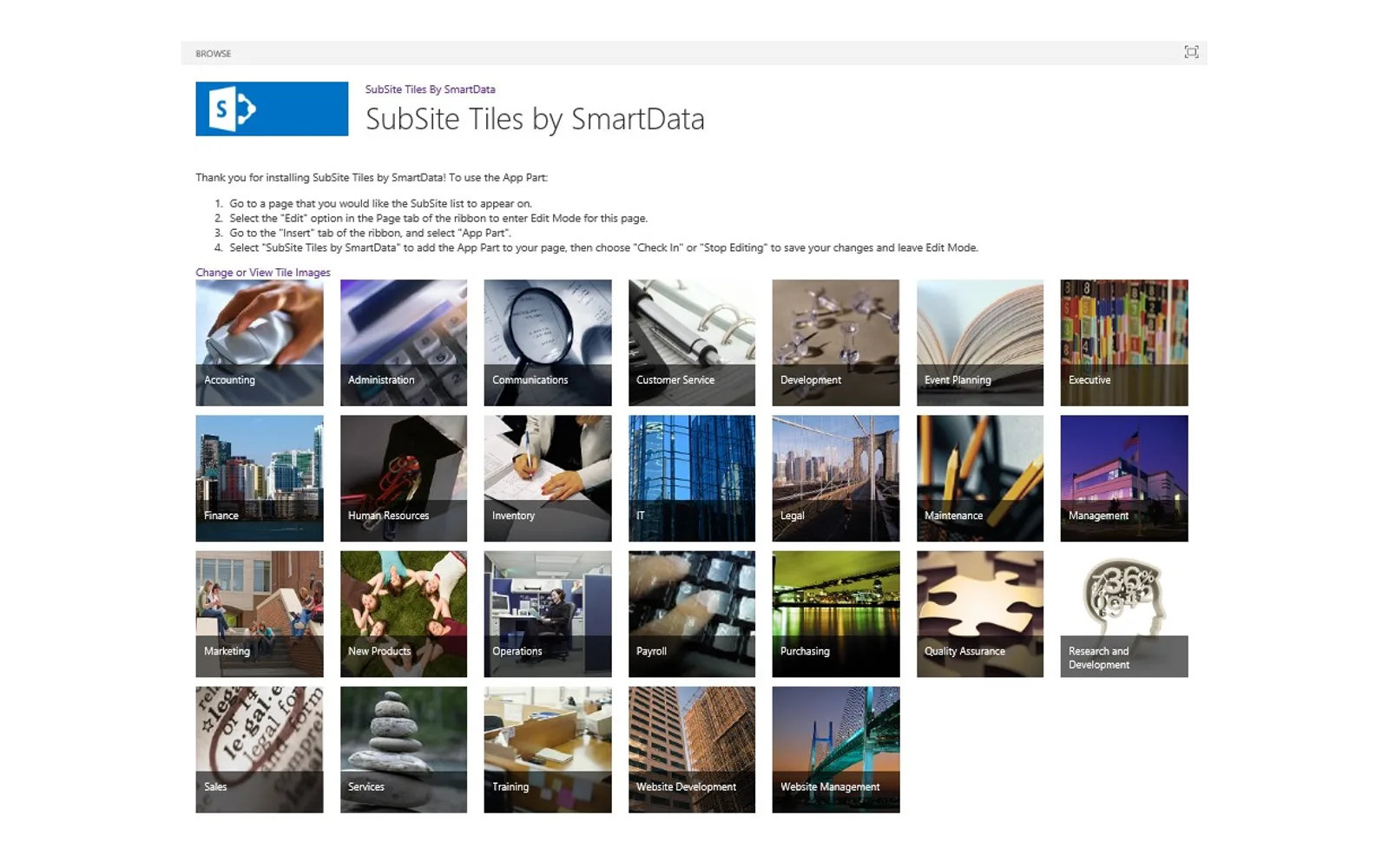 SubSite Tiles — screenshot from the Microsoft Marketplace listing