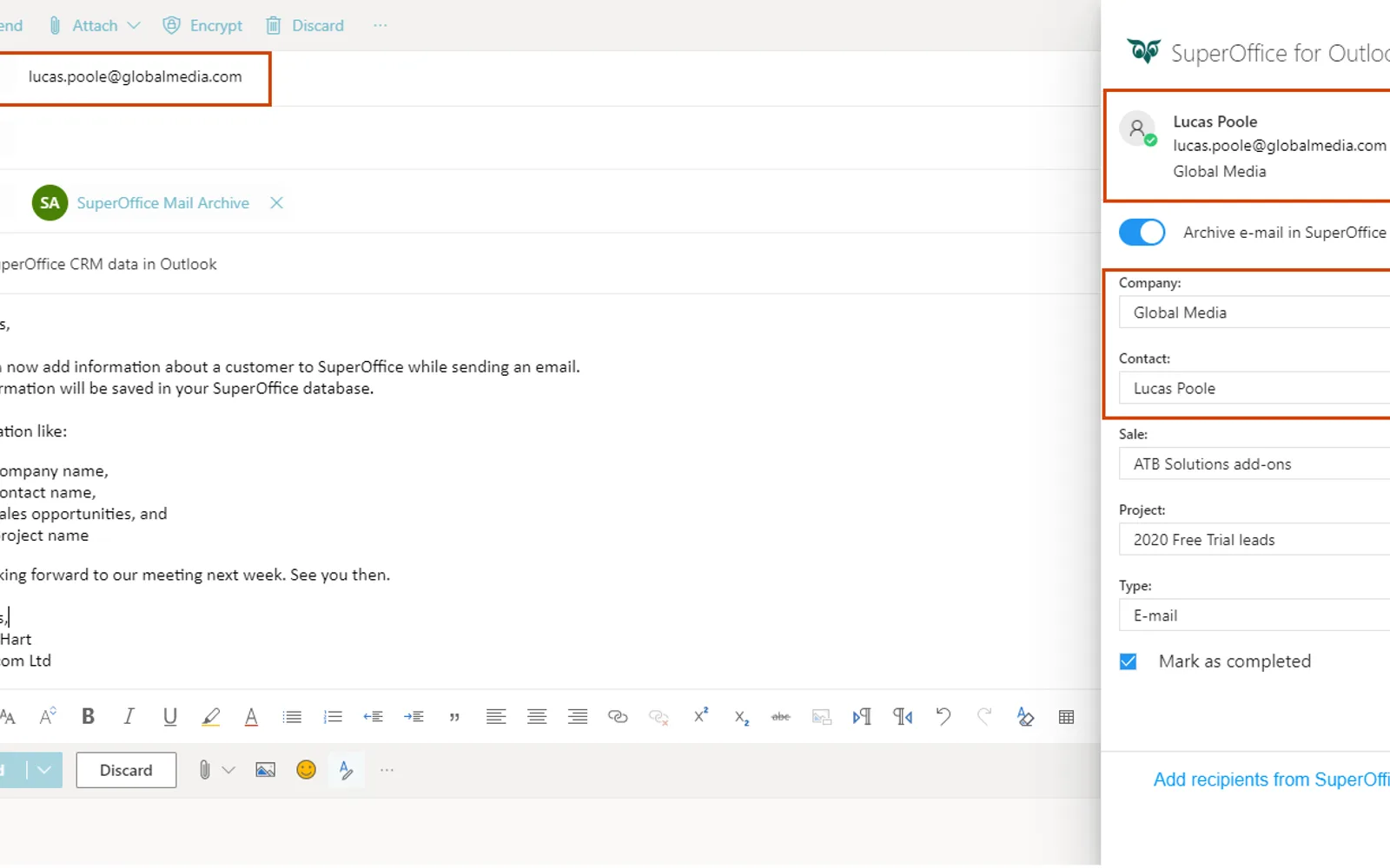 SuperOffice for Outlook — screenshot from the Microsoft Marketplace listing