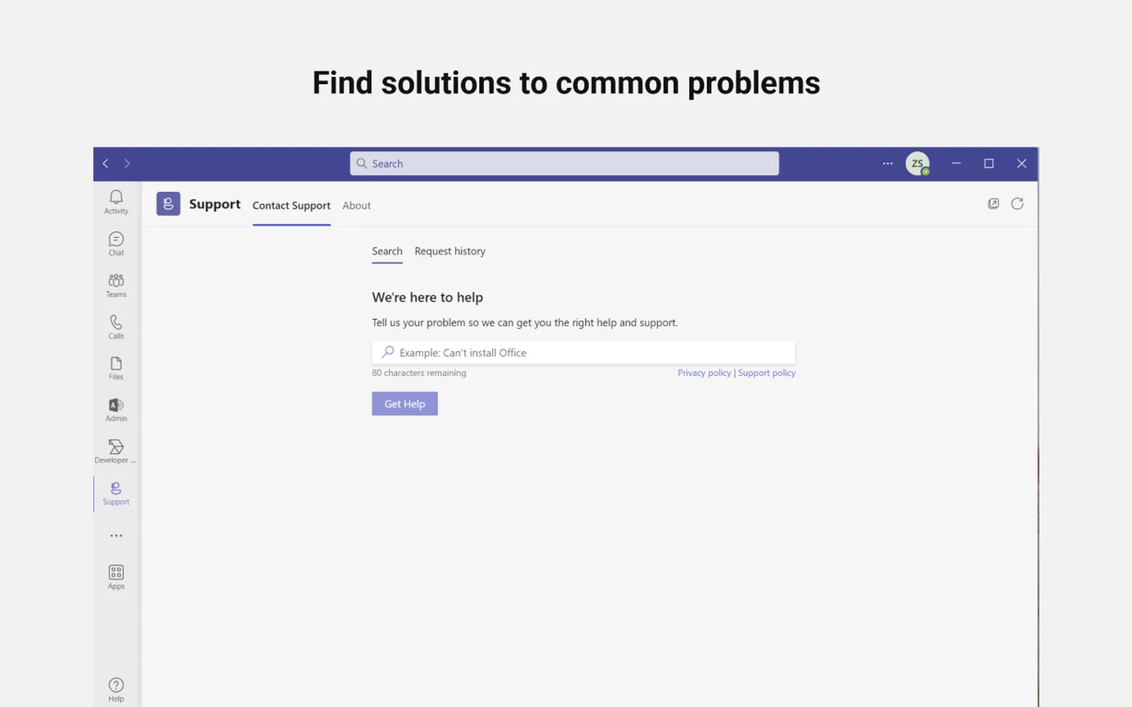 Support — screenshot from the Microsoft Marketplace listing