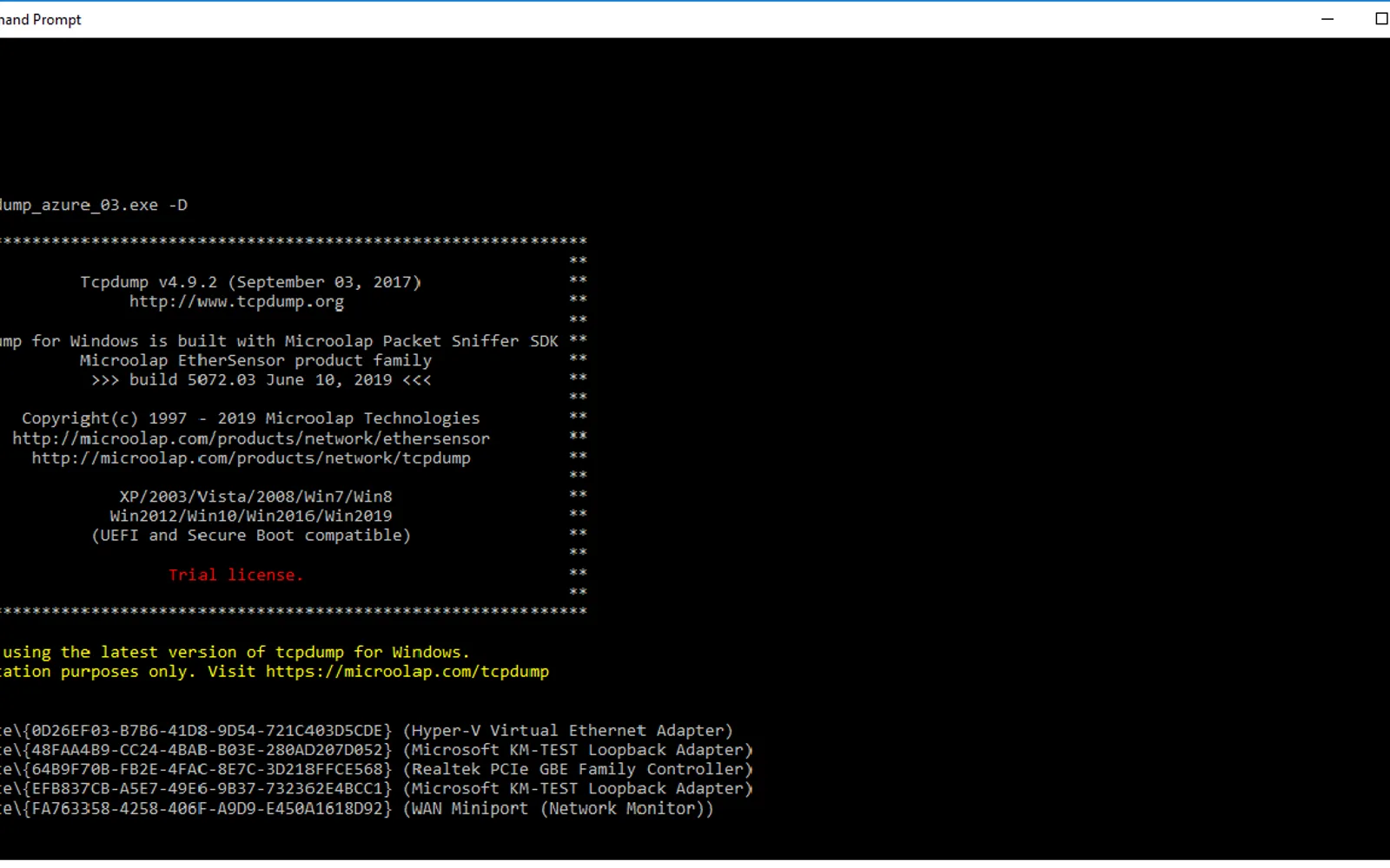 TCPDUMP for Windows — screenshot from the Microsoft Marketplace listing