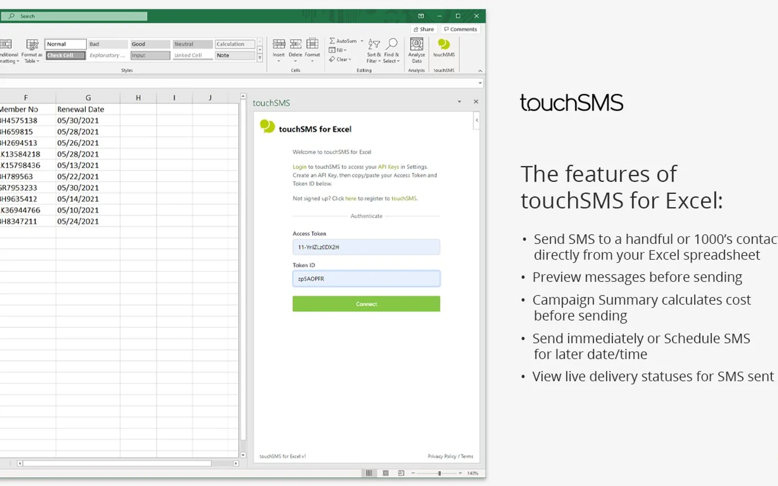 touchSMS for Excel — screenshot from the Microsoft Marketplace listing