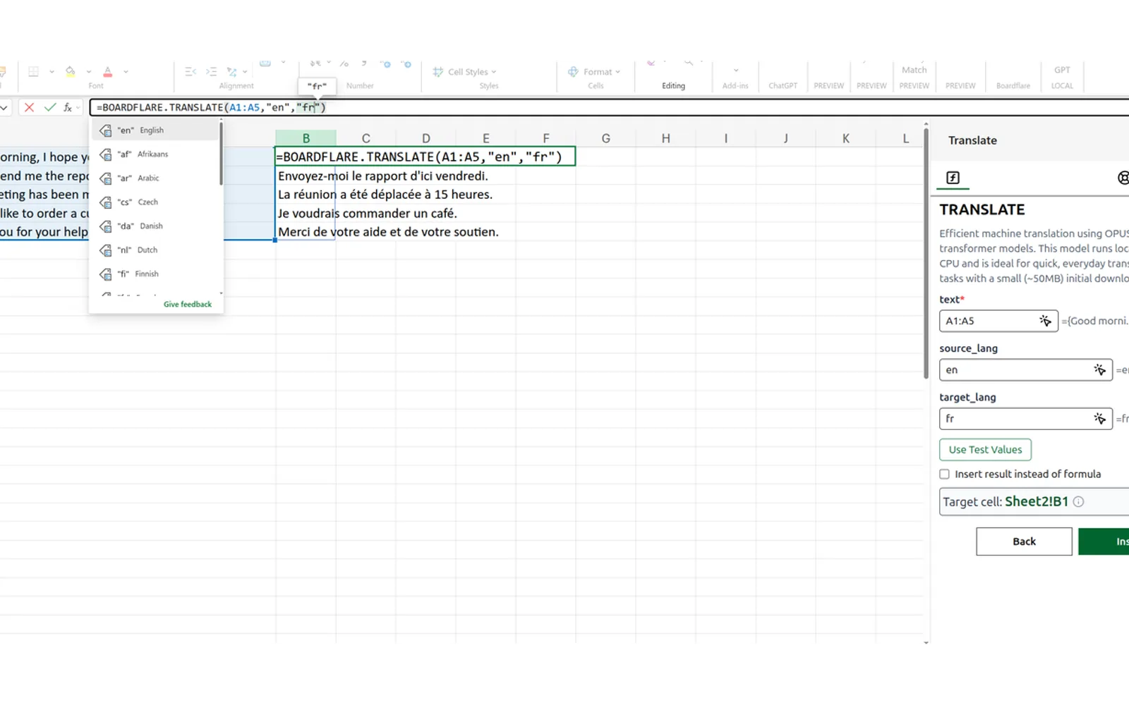 Translate for Excel — screenshot from the Microsoft Marketplace listing