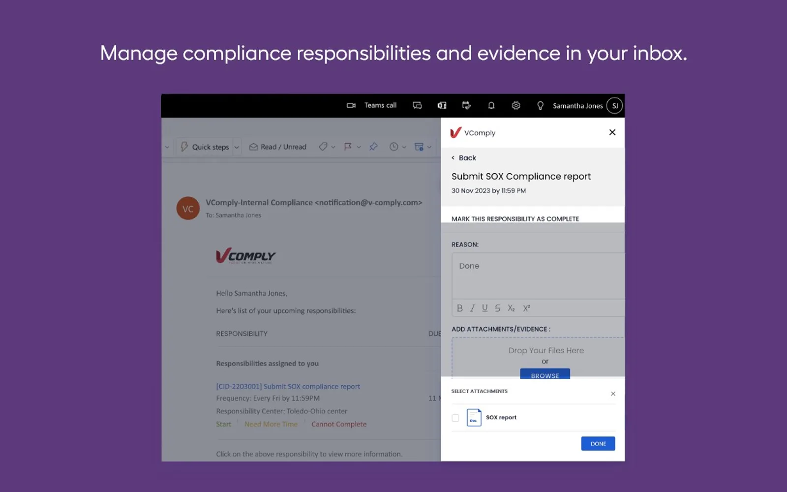 VComply for Outlook — screenshot from the Microsoft Marketplace listing